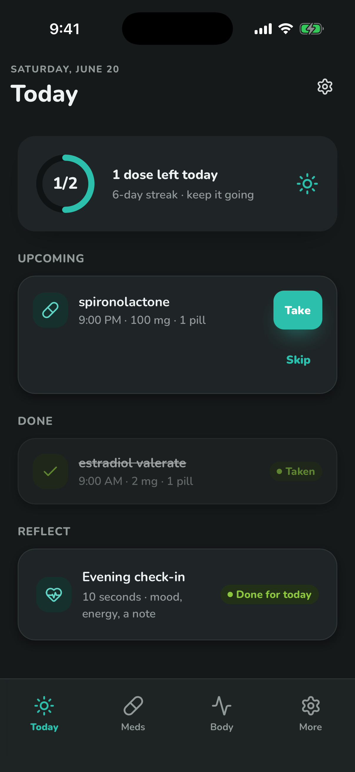 Calluna Today screen — dose streak ring and the day's medications