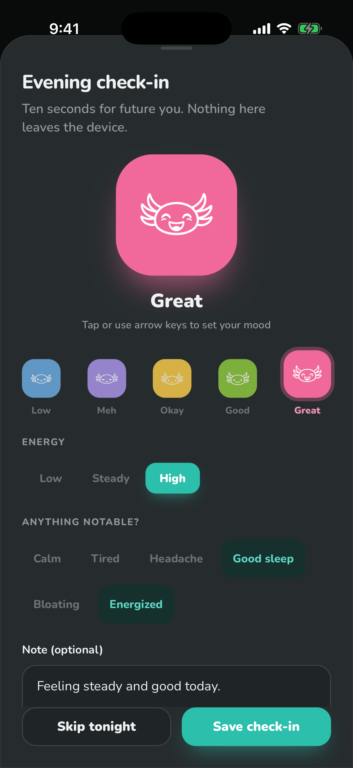 Calluna mood check-in — an axolotl wearing your mood, with energy and symptom tags