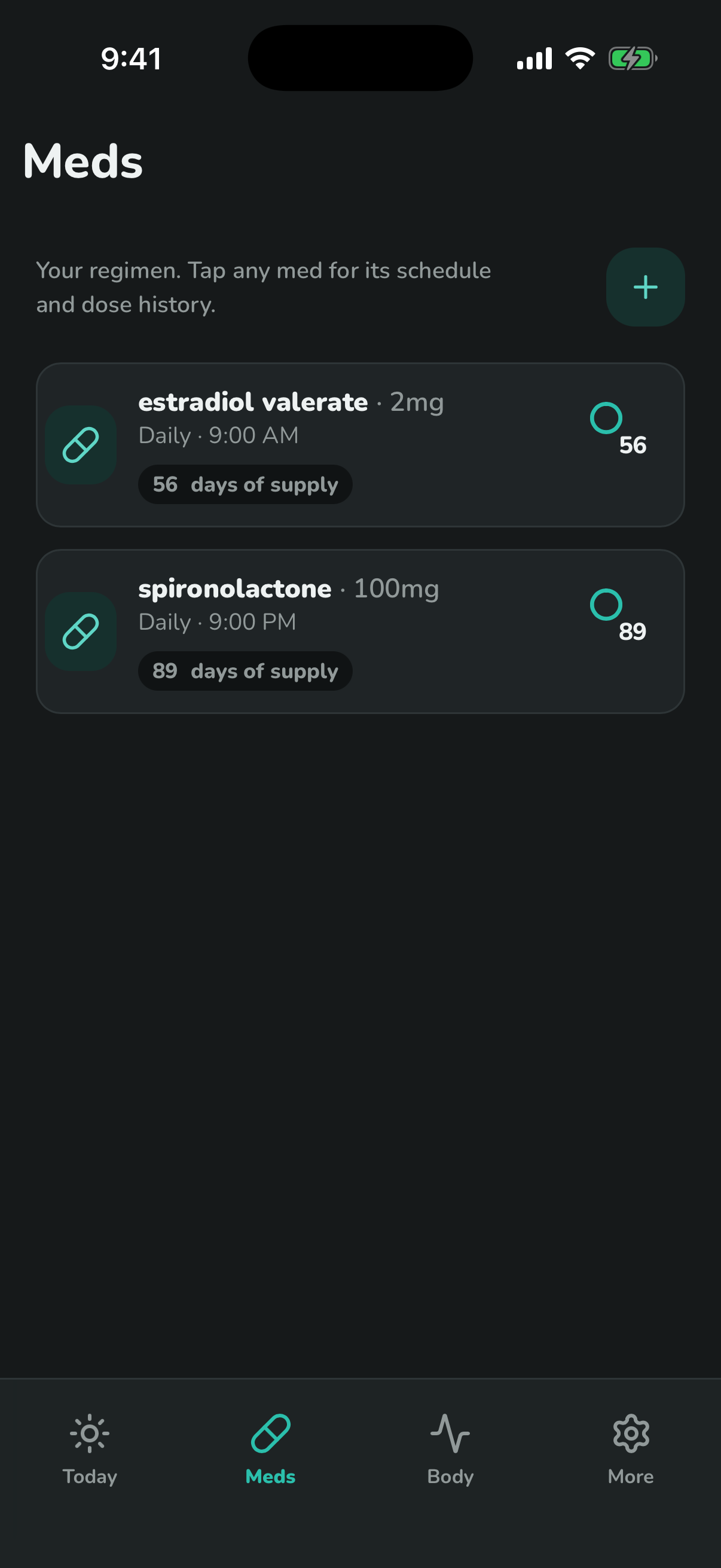 Calluna medication list with supply rings