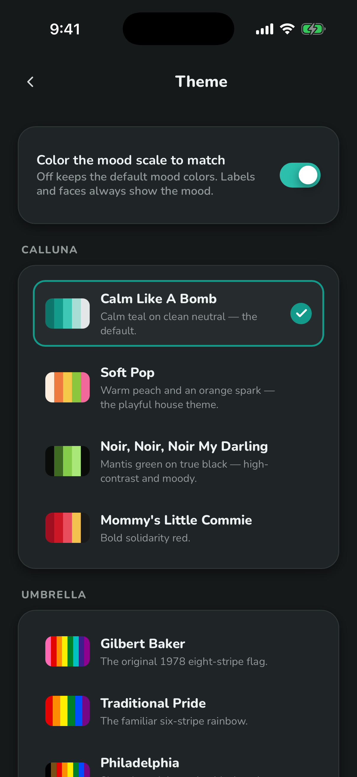 Calluna appearance and themes screen